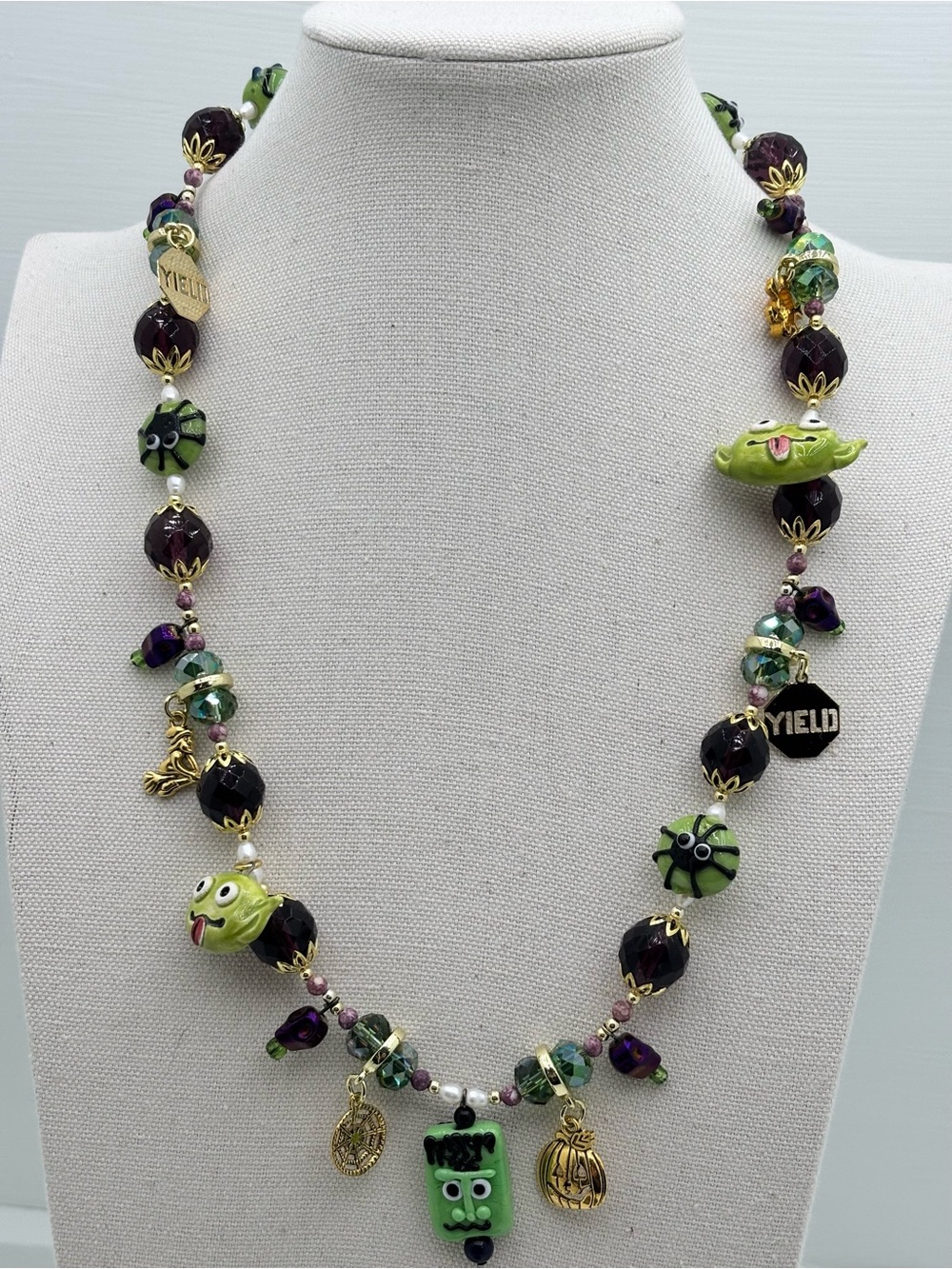 Halloween Fun Green and Purple Crystal, Pearls and glass Necklace